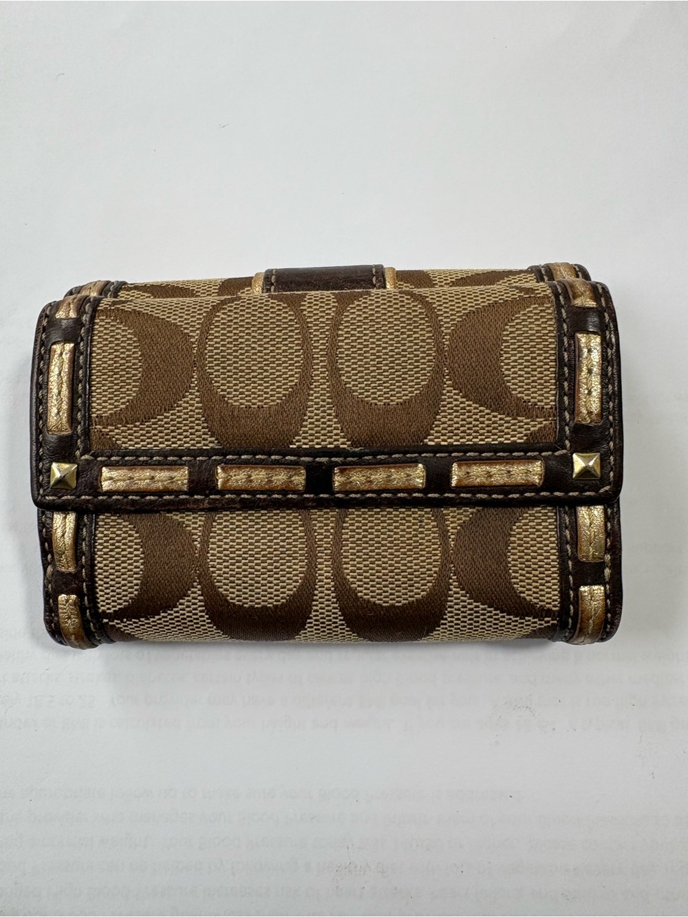 Vintage Coach Signature Jacquard Trifold Wallet Brown Khaki Gold Trim Y2K - Picture 2 of 5